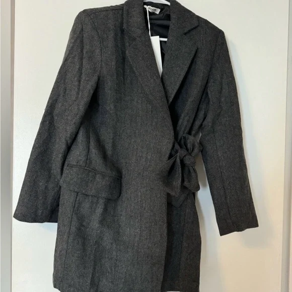 Thakoon XS NWT gray wool herringbone side tie coat made in Italy - Picture 2 of 4